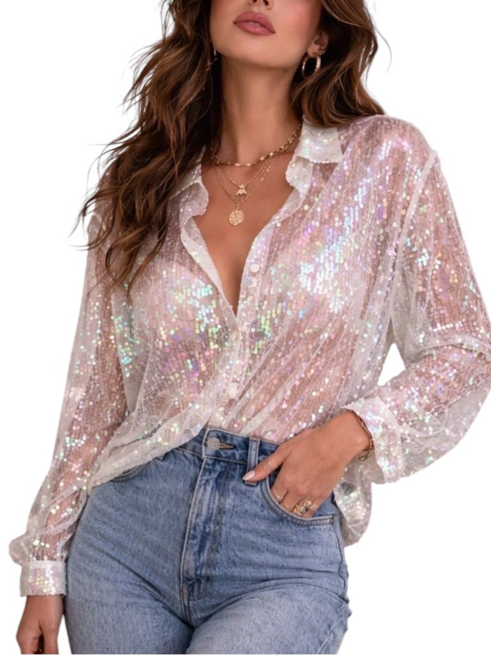 POL: Iridescent Sequin Mesh Button-Front Top with Sheer Long Sleeve - Size Large